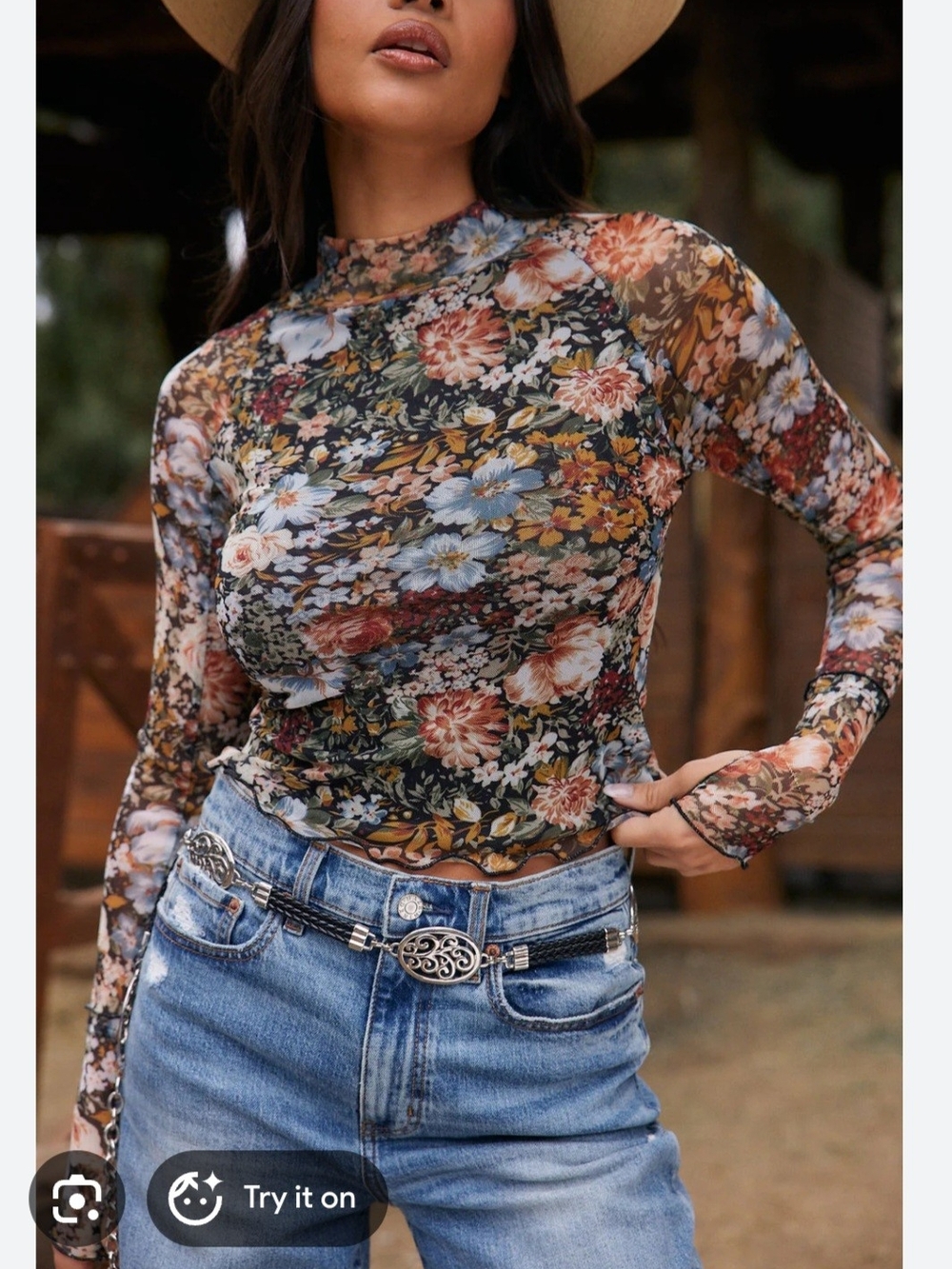 NWOT Promesa Floral Mesh Mock-Neck Long Sleeve Top